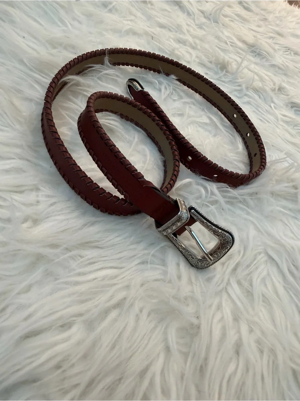 Rebecca Minkoff Brown Leather Western-Stitched Belt with Silver Buckle